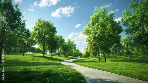 curving pathway in a park, vibrant green grass on either side.