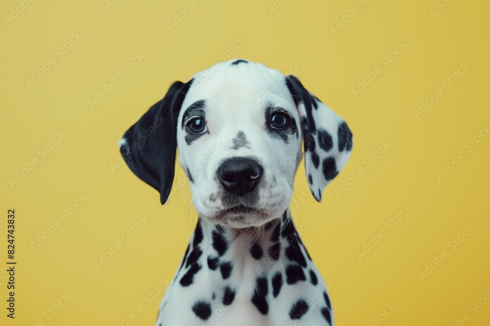 Adorable dalmatian puppy with striking black spots gazes curiously at the camera, set against a vibrant yellow background, capturing the innocence and playful nature of young pets