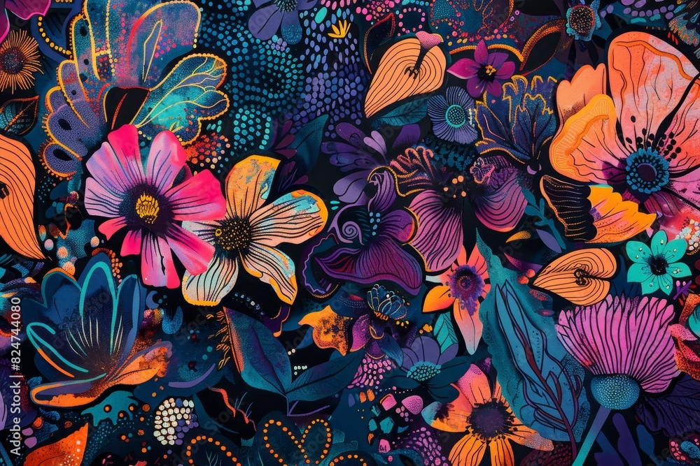 A colorful painting of flowers and leaves generated by AI A colorful painting of flowers and leaves generated by AI