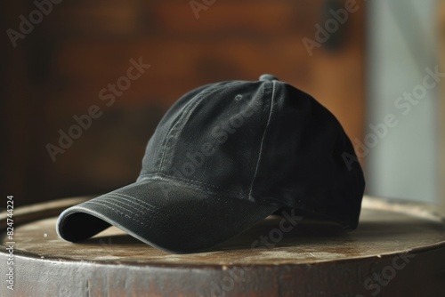Stylish black baseball cap placed elegantly on a vintage wooden barrel
