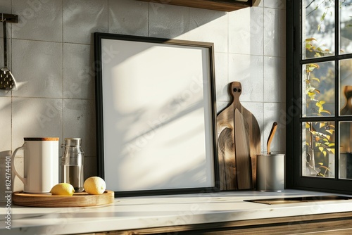Wallpaper Mural a Poster mockup of an empty, sideview blank poster, frame, on a kitchen countertop  Torontodigital.ca