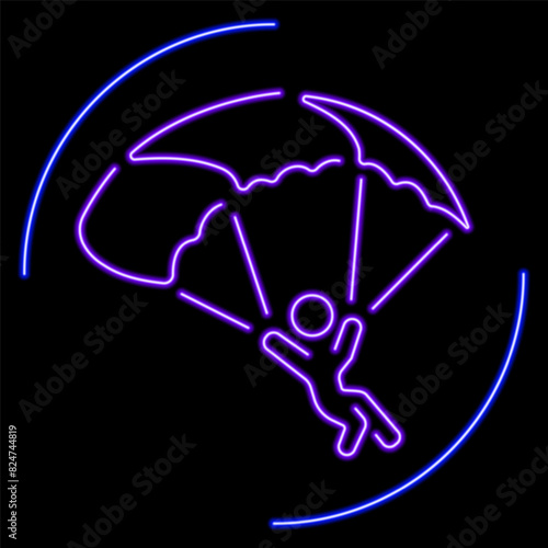 Parachutist neon sign, modern glowing banner design, colorful modern design trend on black background. Vector illustration.
