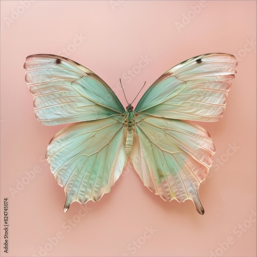 A delicate butterfly with wings in shades of pastel blues and greens, against a soft pink background., AI Generative