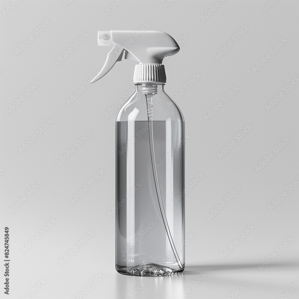 Clear Glass Bottle with white spray nozzle. Isolated on white background. Blank packaging Mock up.High resolution photo.Spray bottle. Made with generative ai Clear Glass Bottle with white spray nozzle. Isolated on white background. Blank packaging Mock up.High resolution photo.Spray bottle. Made with generative ai