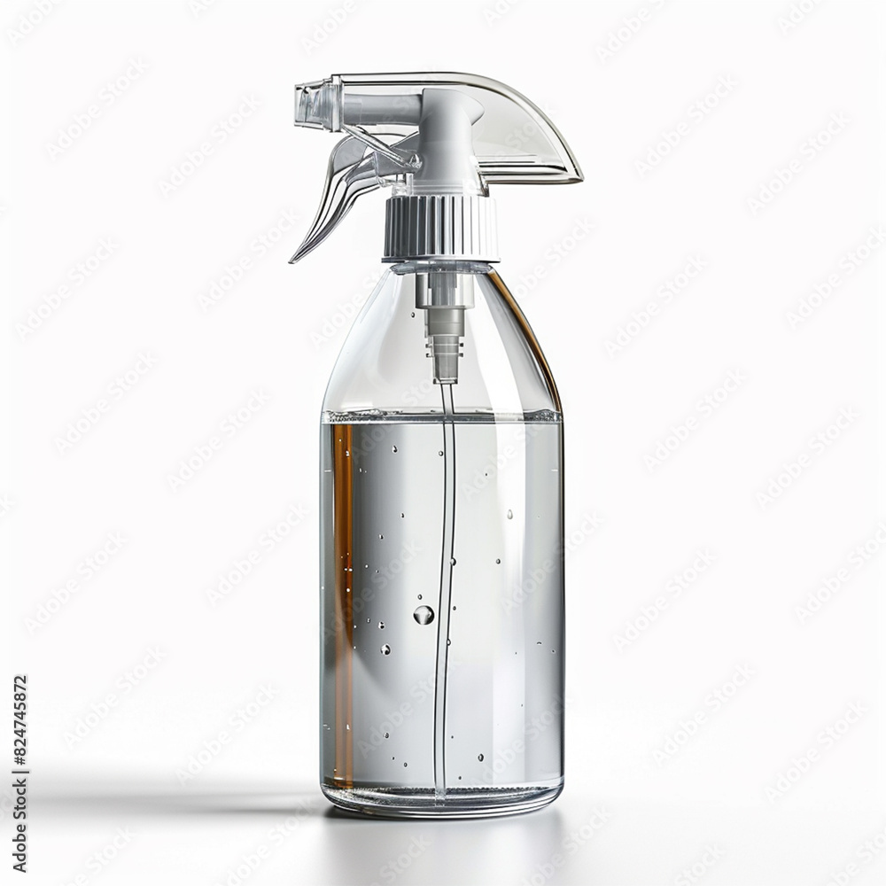 Clear Glass Bottle with white spray nozzle. Isolated on white background. Blank packaging Mock up.High resolution photo.Spray bottle. Made with generative ai Clear Glass Bottle with white spray nozzle. Isolated on white background. Blank packaging Mock up.High resolution photo.Spray bottle. Made with generative ai