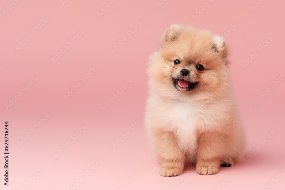 Cute fluffy pomeranian puppy sitting gracefully against a soft pink background, with its tongue slightly out, giving a playful and endearing look perfect for pet-themed projects