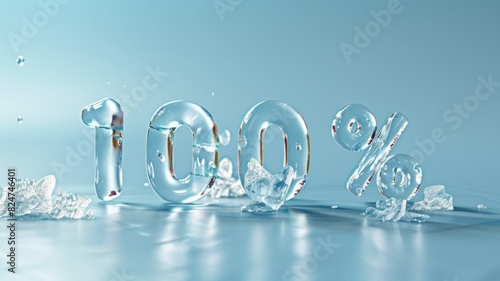 Crystal Clear Ice The numbers 100 percent sculpted from transparent ice, set against a frosty pastel blue background, AI Generative photo