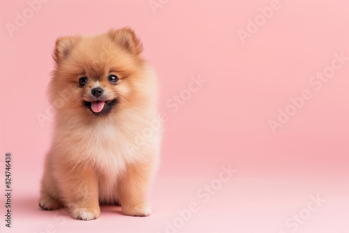 Cute pomeranian puppy sits poised against a soft pink backdrop, looking directly at the camera with its tongue playfully peeping out, perfect for pet-related content and greeting cards