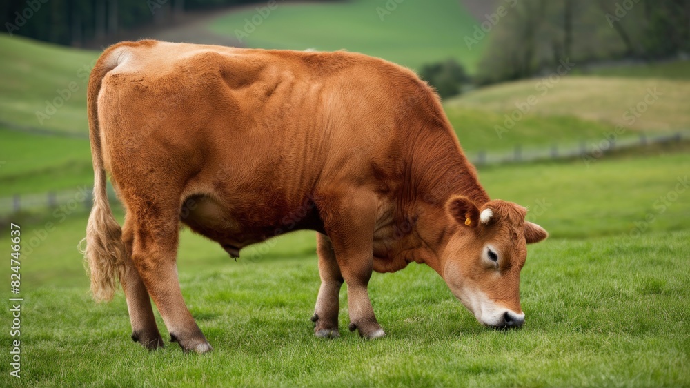 Brown Cows Standing with Beautiful Green Grass Background Brown Cows Standing with Beautiful Green Grass Background