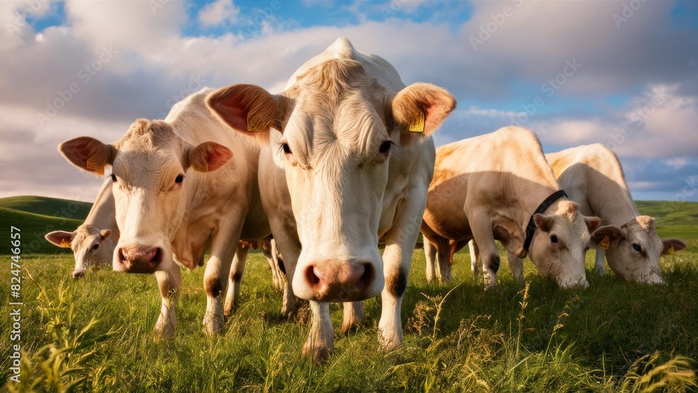 White Cows Standing with Beautiful Green Grass Background White Cows Standing with Beautiful Green Grass Background