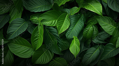 Tropical jungle green leaves background, horizontal Top down view