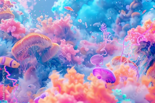 Craft a dynamic wallpaper with a colorful, imaginative future theme, featuring pastel tones and 3D visuals, selective focus, vibrant, composite, underwater backdrop