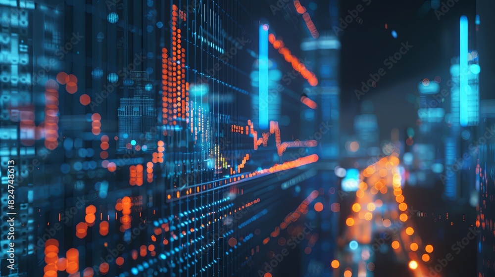 stock market data on digital screen, blue and orange color theme, city background stock market data on digital screen, blue and orange color theme, city background