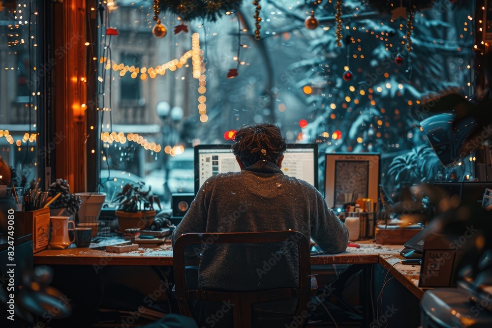 The worried man next to the computer The worried man next to the computer