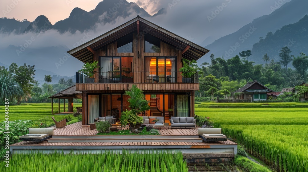A compact wooden house, surrounded by mountains and green rice fields. In front of the house there is a terrace with sofas. with a vegetable growing zone. Generative AI.
