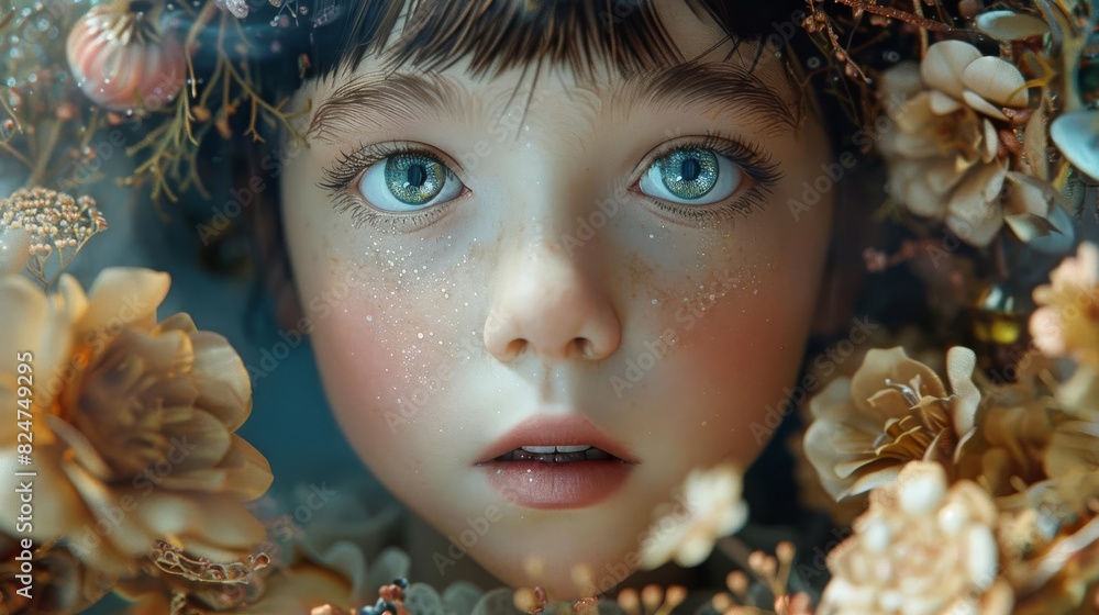 The child is a puppet, eyes wide with wonder, exploring a magical