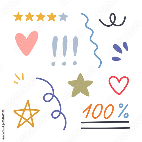 Cute hand drawn squiggle, scribble, curly lines, swooshes, heart, stars, exclamation points for post, stories in social media, web design. Minimalistic abstract swishes, swoops for highlight text.
