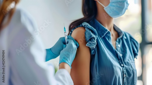 Getting vaccinated in a modern clinic. The nurse is giving a shot to a patient with masks. Healthcare, medical, and safety concept. This image shows healthcare services. AI photo