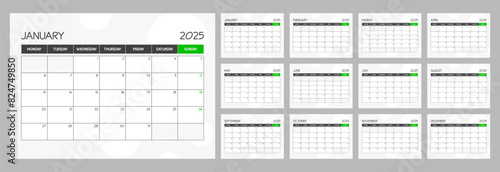 Monthly calendar green planner template schedule for 2025 year. Week Starts on Monday