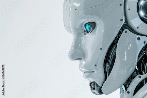 Close-up of a futuristic robot with humanoid features, showcasing a single glowing blue eye against a sleek white background, exemplifying advanced artificial intelligence and technology design © Enigma