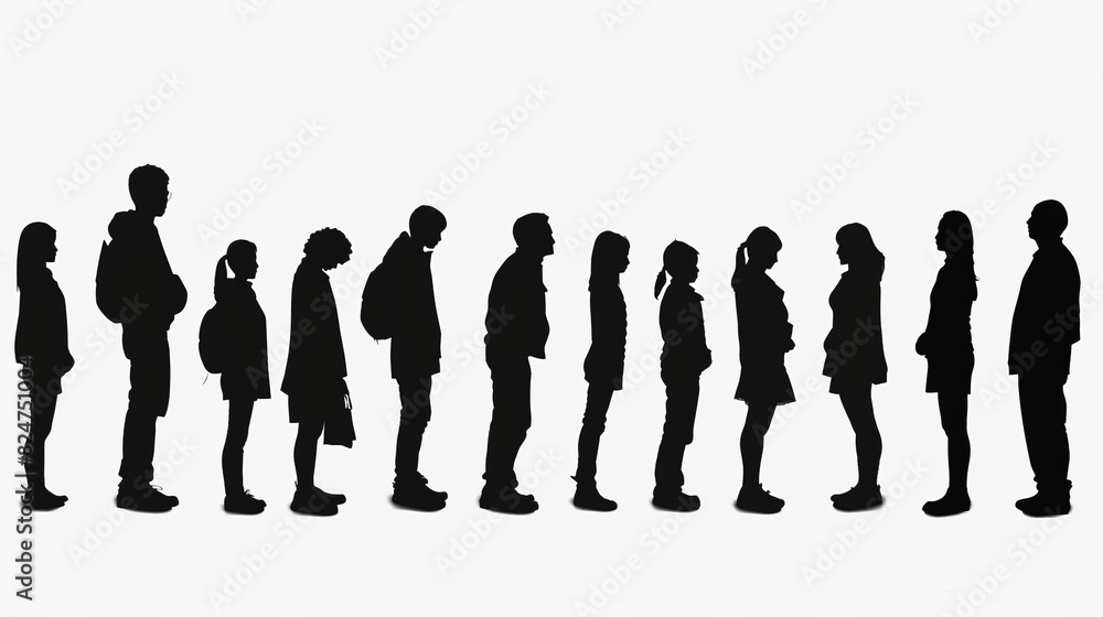 Highly detailed silhouettes of people standing in line, isolated on a white background in high-resolution PNG format. Perfect for realistic illustrations, clip art, and graphic design projects.