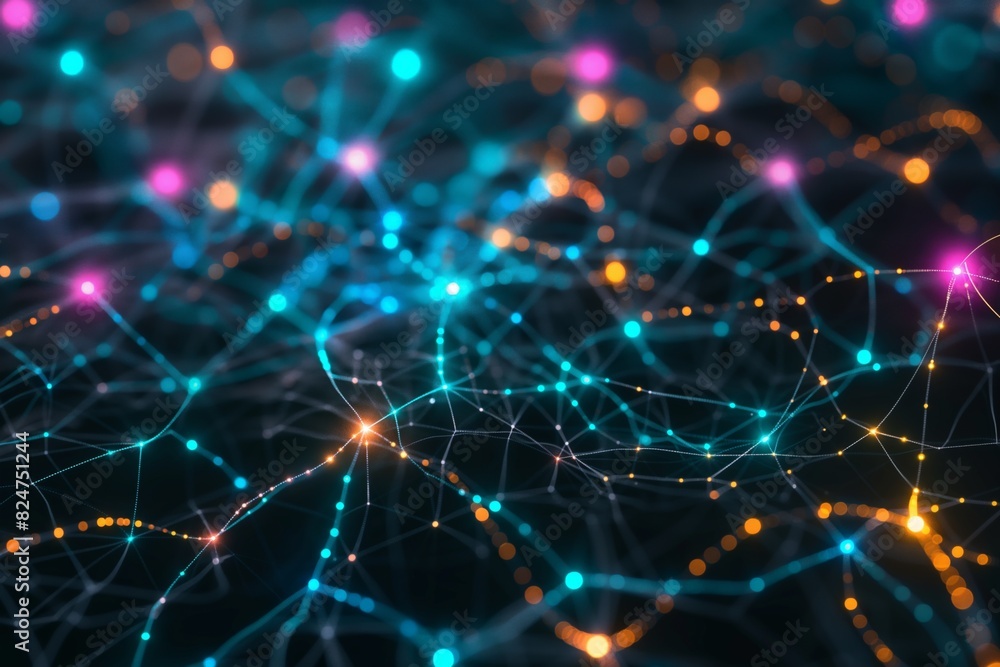 High-resolution image depicting a vibrant network of interconnected lines and dots, simulating a digital data structure or communication technology concept with glowing colorful nodes High-resolution image depicting a vibrant network of interconnected lines and dots, simulating a digital data structure or communication technology concept with glowing colorful nodes