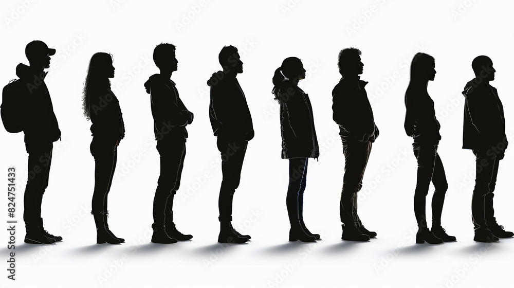 Highly detailed silhouettes of people standing in line, isolated on a white background in high-resolution PNG format. Perfect for realistic illustrations, clip art, and graphic design projects.