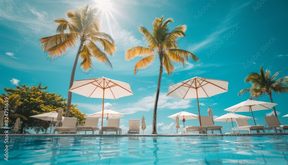 Luxury beach resort hotel swimming pool, beach chairs, palm trees on sunny island seaside Luxury beach resort hotel swimming pool, beach chairs, palm trees on sunny island seaside