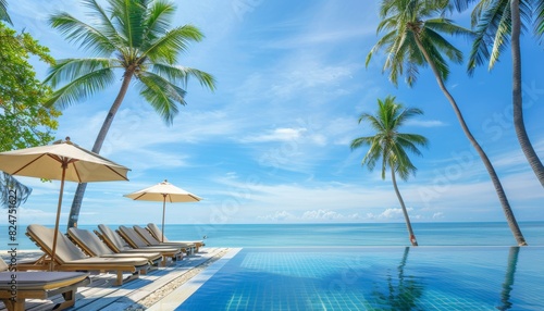 Luxury beach resort hotel pool with palm trees and beach chairs under a clear blue sky