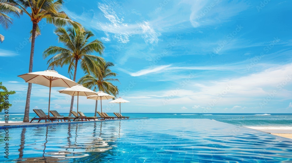Luxury beach resort hotel with swimming pool, palm trees, and blue sky on sunny seaside island Luxury beach resort hotel with swimming pool, palm trees, and blue sky on sunny seaside island