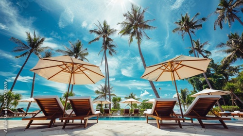 Luxury beach resort hotel swimming pool  beach chairs  palm trees on sunny summer island seaside