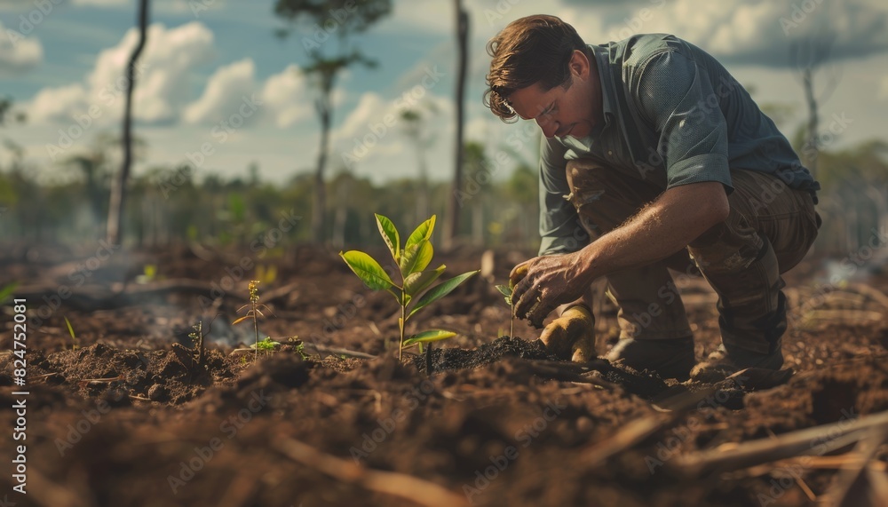 Business leader planting tree in deforested area, showing commitment to environmental restoration Business leader planting tree in deforested area, showing commitment to environmental restoration