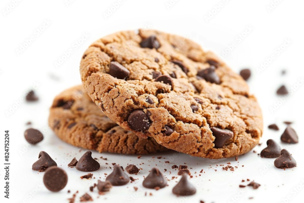 Close-up of two delicious chocolate chip cookies with scattered chocolate chips on a white background, perfect for dessert imagery. Close-up of two delicious chocolate chip cookies with scattered chocolate chips on a white background, perfect for dessert imagery.