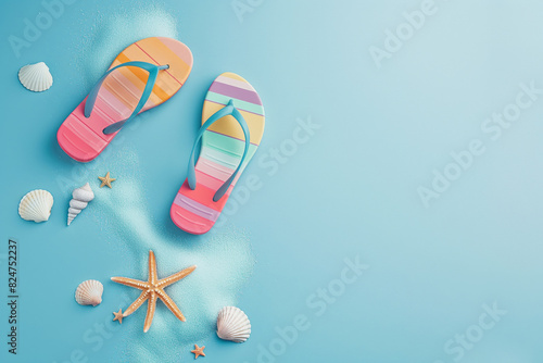 Top view of colorful flip-flops surrounded by seashells and a starfish, arranged on a vibrant blue surface, evoking the joyous essence of summer and beach holidays