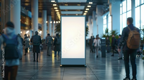 A white advertising mockup display installed in the middle of a crowded conference hall.