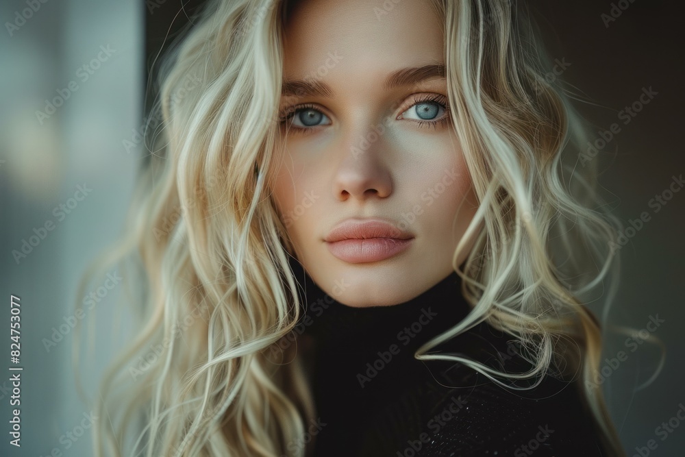 Close-up portrait of a woman with captivating blue eyes and blonde curls Close-up portrait of a woman with captivating blue eyes and blonde curls