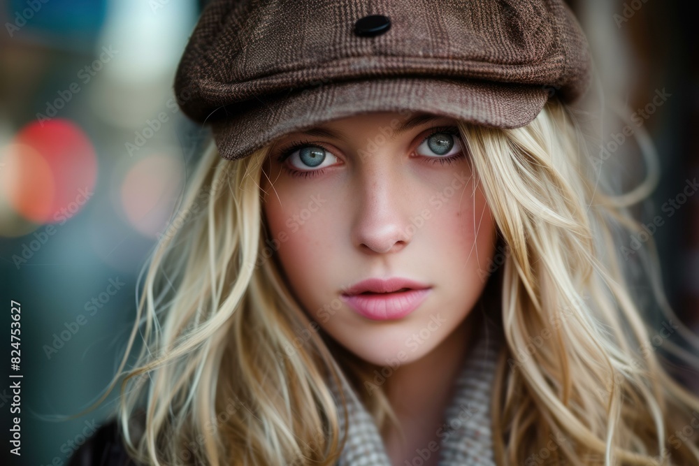 Close-up of an attractive young woman wearing a trendy cap, city lights in the background Close-up of an attractive young woman wearing a trendy cap, city lights in the background