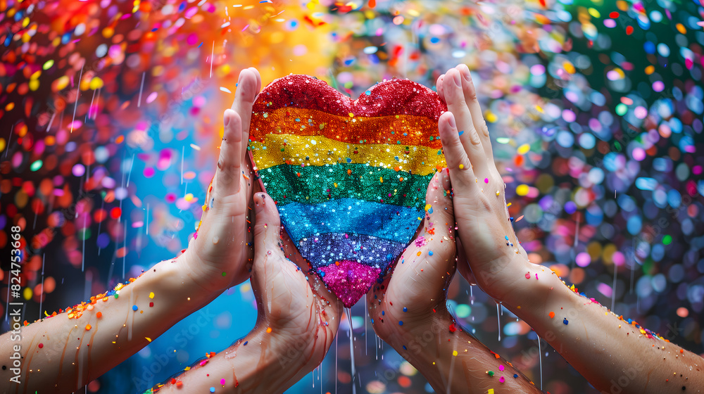 Hands holding a rainbow heart at a gay pride parade. LGBT rights. Stock ...