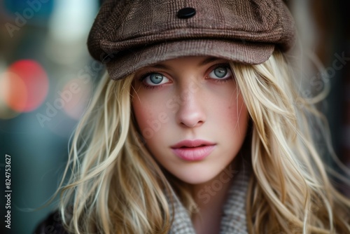 Close-up of an attractive young woman wearing a trendy cap, city lights in the background © anatolir