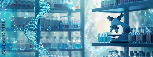 Artistic rendering of DNA double helix and microscope in laboratory setting, with shelves filled with test tubes and science equipment. Blue color theme for medical research or AI technology concept.
