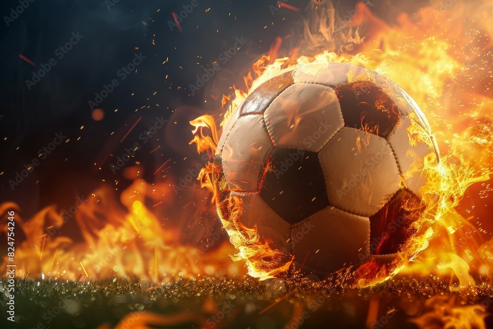 Naklejka premium soccer ball with flames around it.
