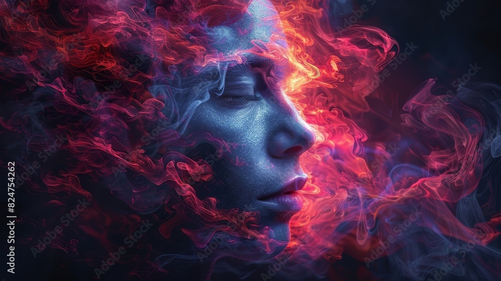 Womans Face Covered in Red and Blue Smoke