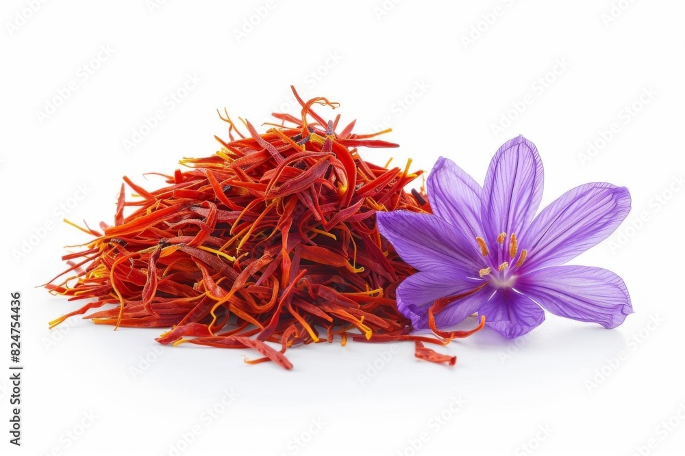 Fototapeta premium Close-up of vibrant red saffron threads and a purple crocus flower, showcasing the spice's origin and natural beauty.