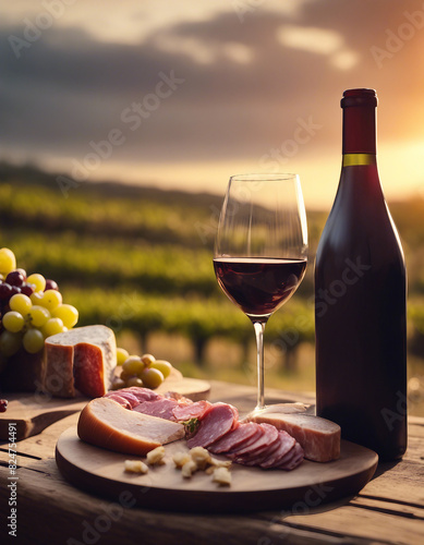 Red wine beside artisan cheese and cured meats  set against a vineyard at sunset  indulgent and gourmet. 