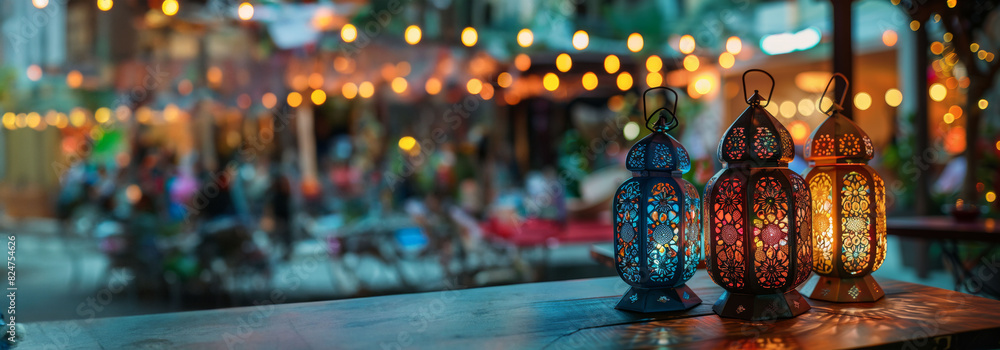 Vibrant Decorative Lanterns with Beautiful Bokeh Light Background Celebrating the Festive Spirit of Ramadan