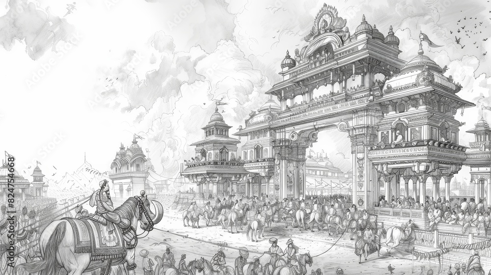Obraz premium Monochrome sketch of a bustling Indian temple scene with horse carriages and crowds