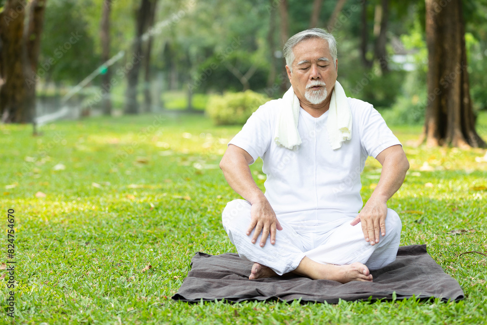 asian senior man meditating and doing yoga in the park asian senior man meditating and doing yoga in the park