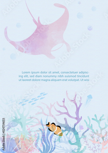 Scene of under the sea and ocean in multicolor watercolors style and vector design with sea animal and example texts on light blue background. 