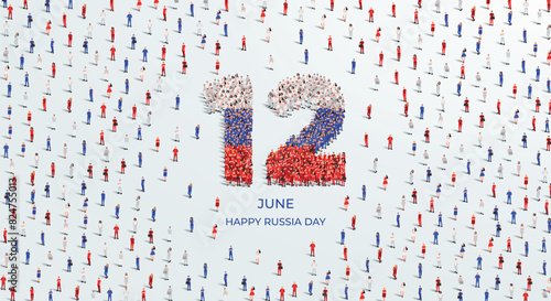 Happy Russia Day. A large group of people form to create the number 12 as Russia celebrates its Russia Day on the 12th of June. Vector illustration.