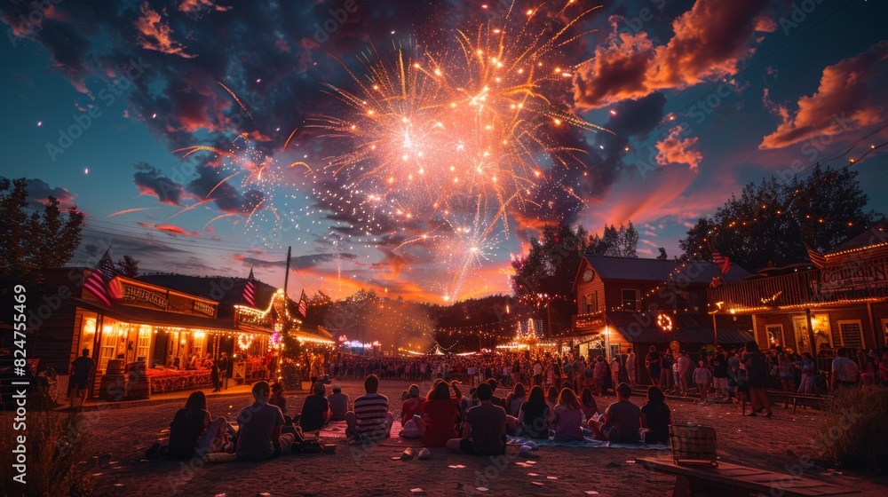 Obraz premium Small Town 4th of July Celebration with Fireworks